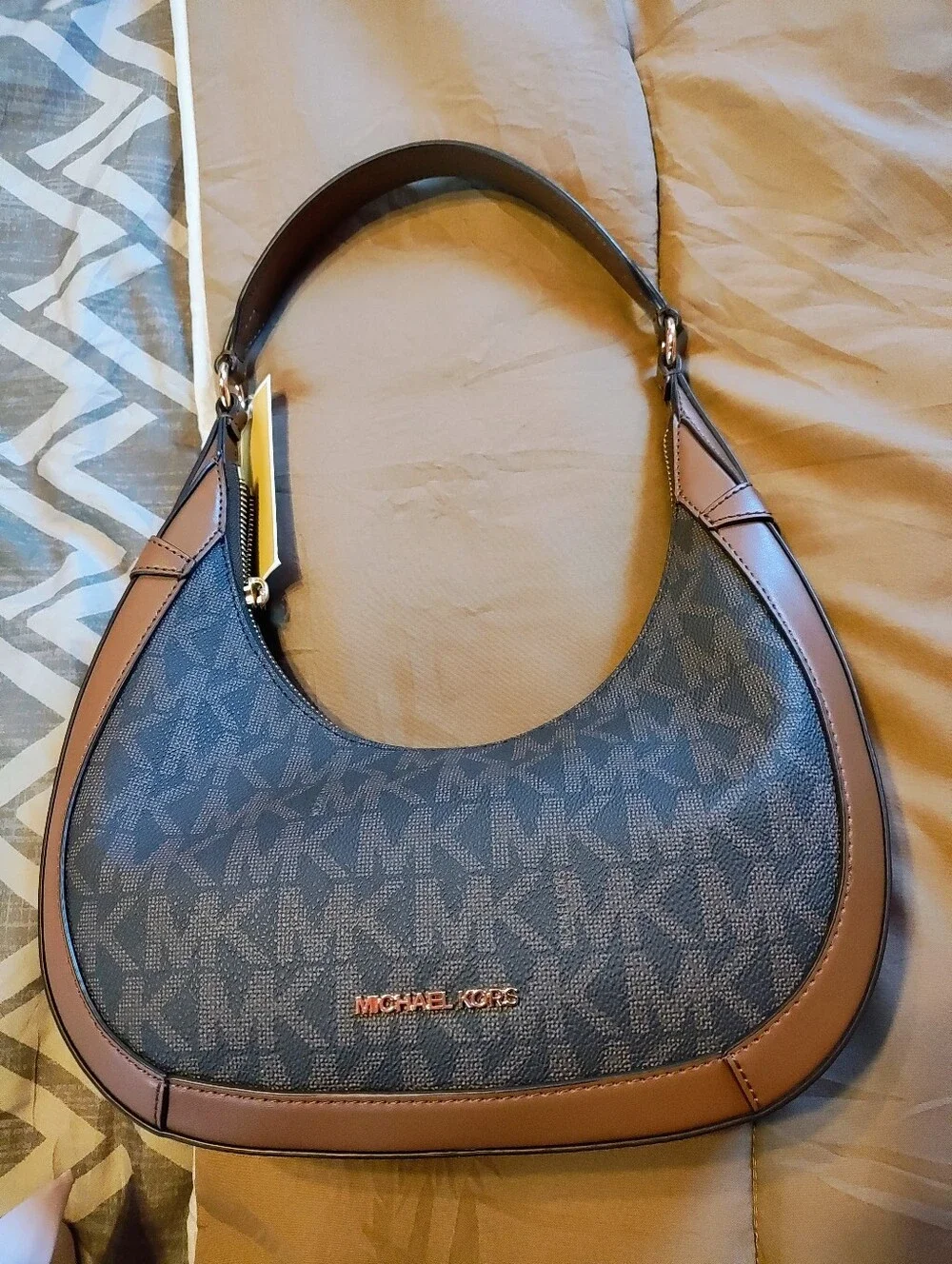 Michael Kors Navy MK Logo Crescent Hobo with Brown Trim